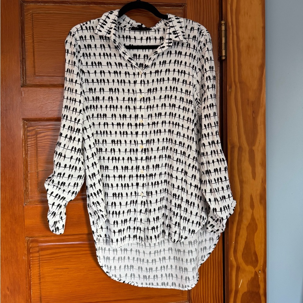 Jane and Delancey White Button-Down Shirt with Black Bird Print